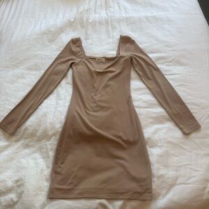 Aritzia Tan Bodycon Dress with Square Neck and Long Sleeves